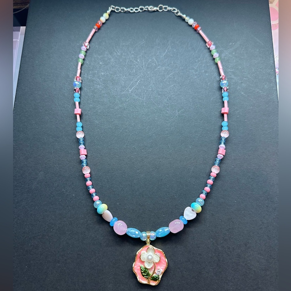 Hand Crafted Pink and Blue Beaded Necklace with Floral Pendant